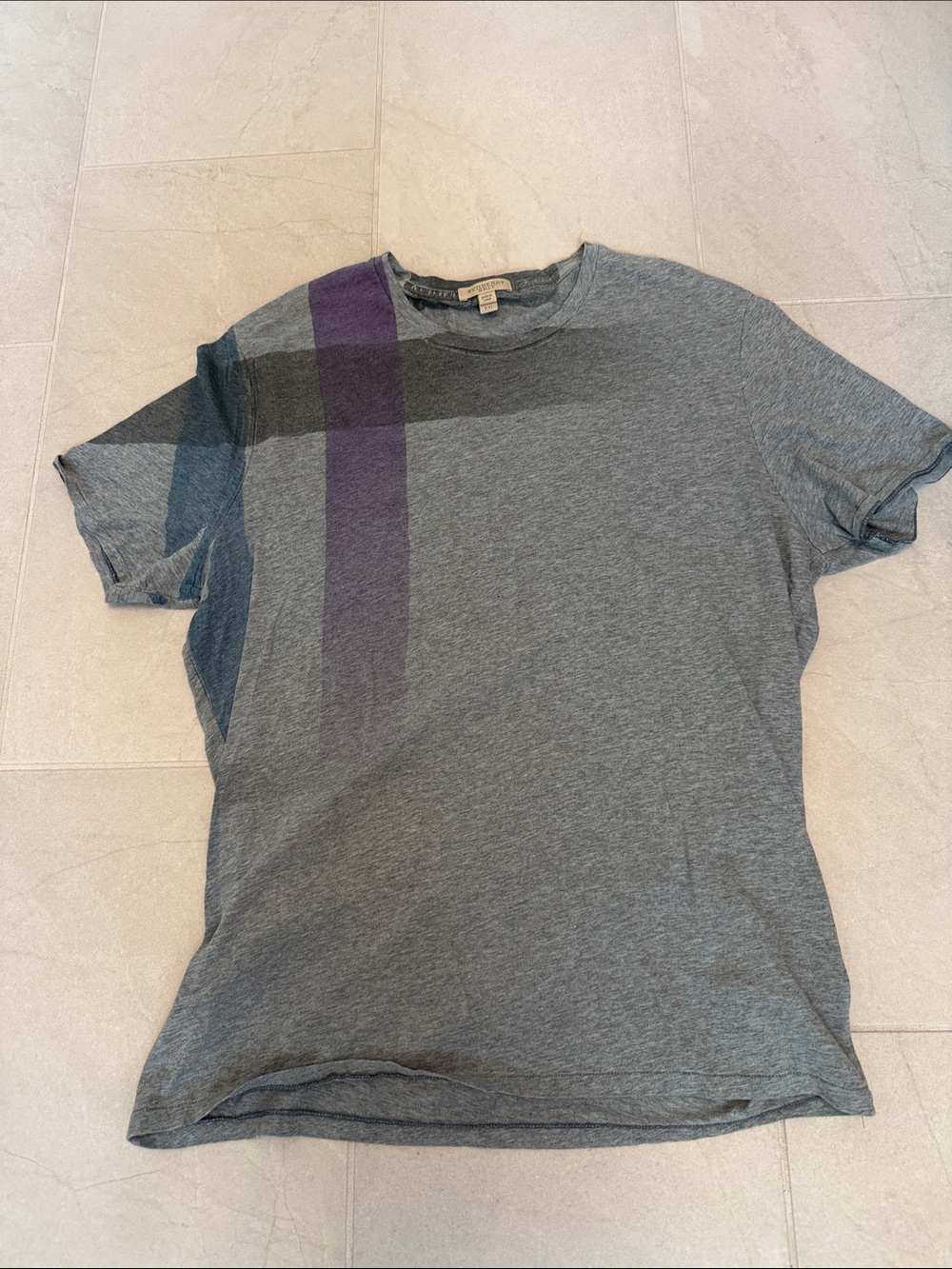 Burberry Grey Short Sleeve Tee with Purple and Blue Shoulder Stripes